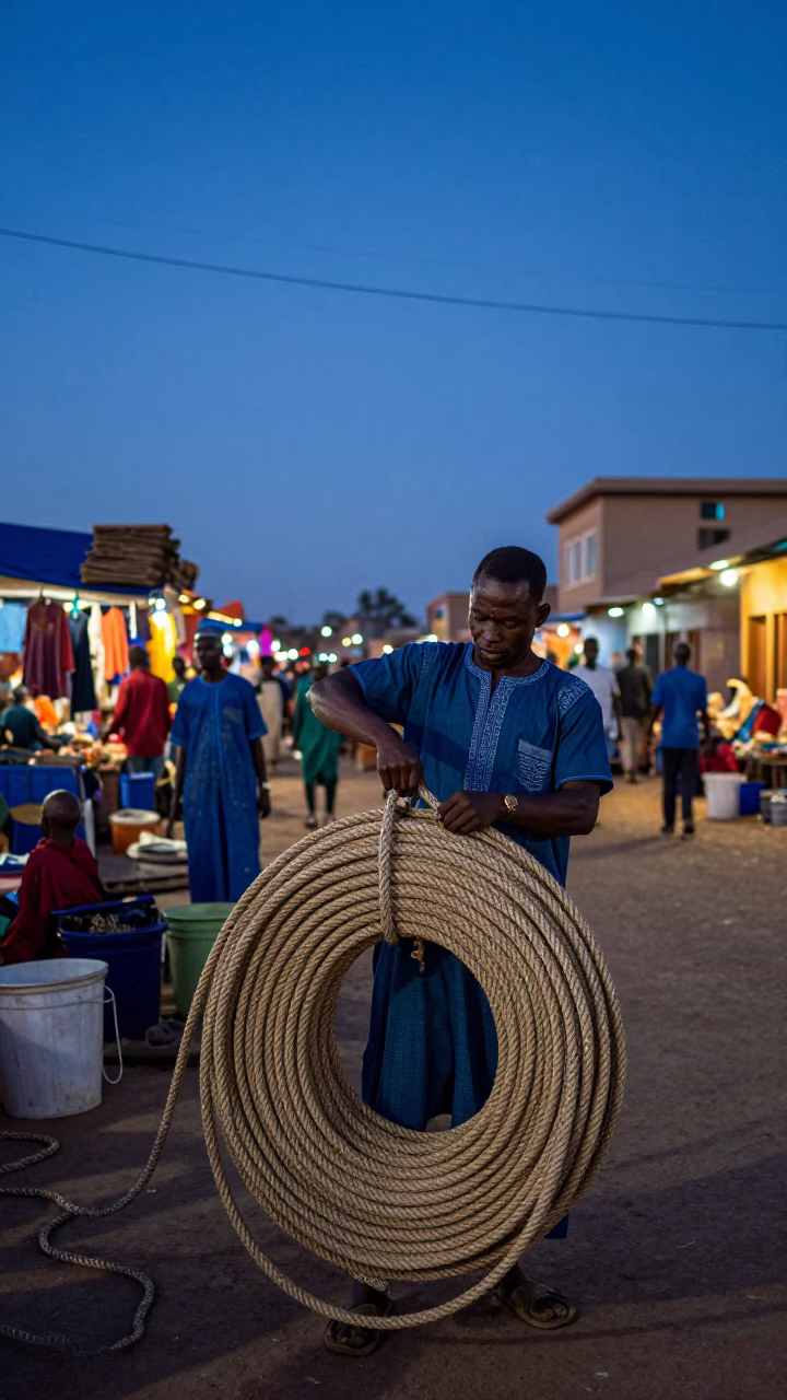 Dakar Senegal Indigo Twilight Street Market with Coiled Rope and Local Commerce in in Dakar, Senegal