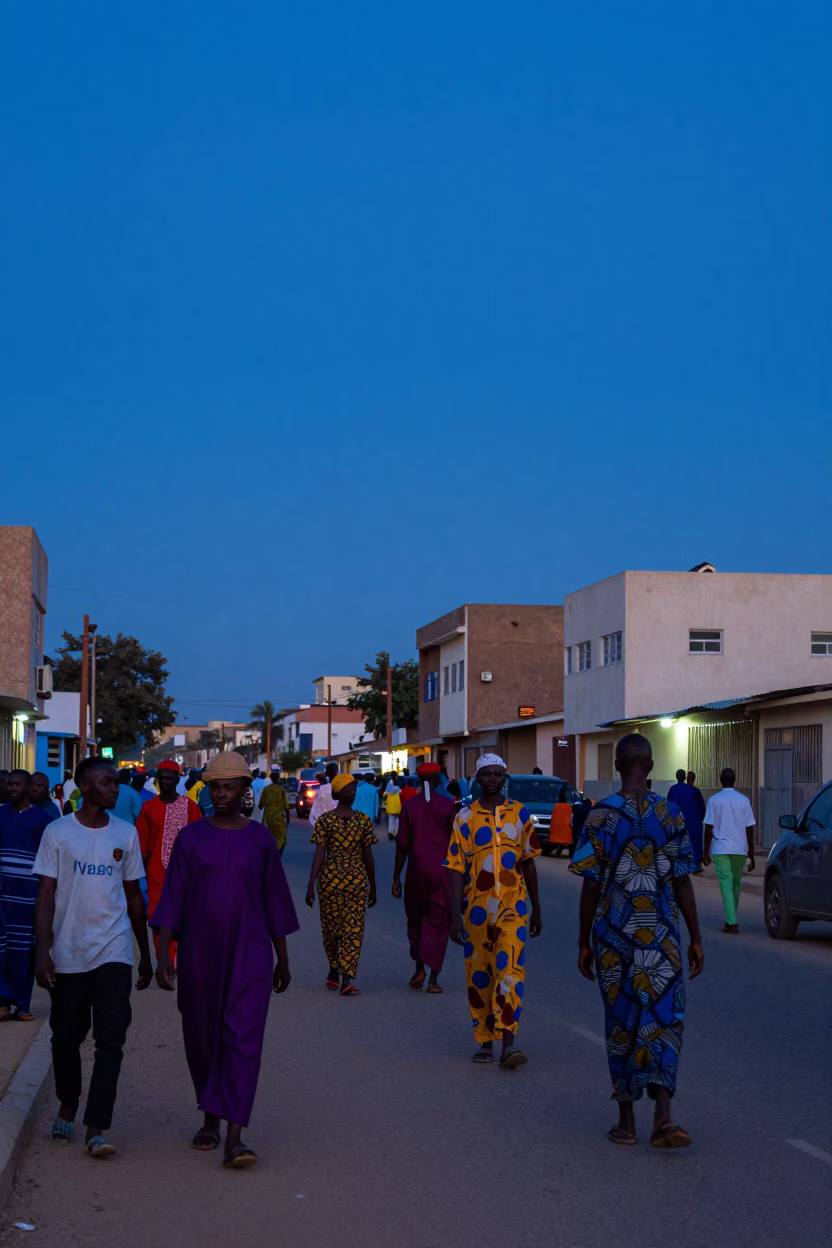 Dakar Senegal indigo twilight street scene with colorful clothing and evening activity in in Dakar, Senegal