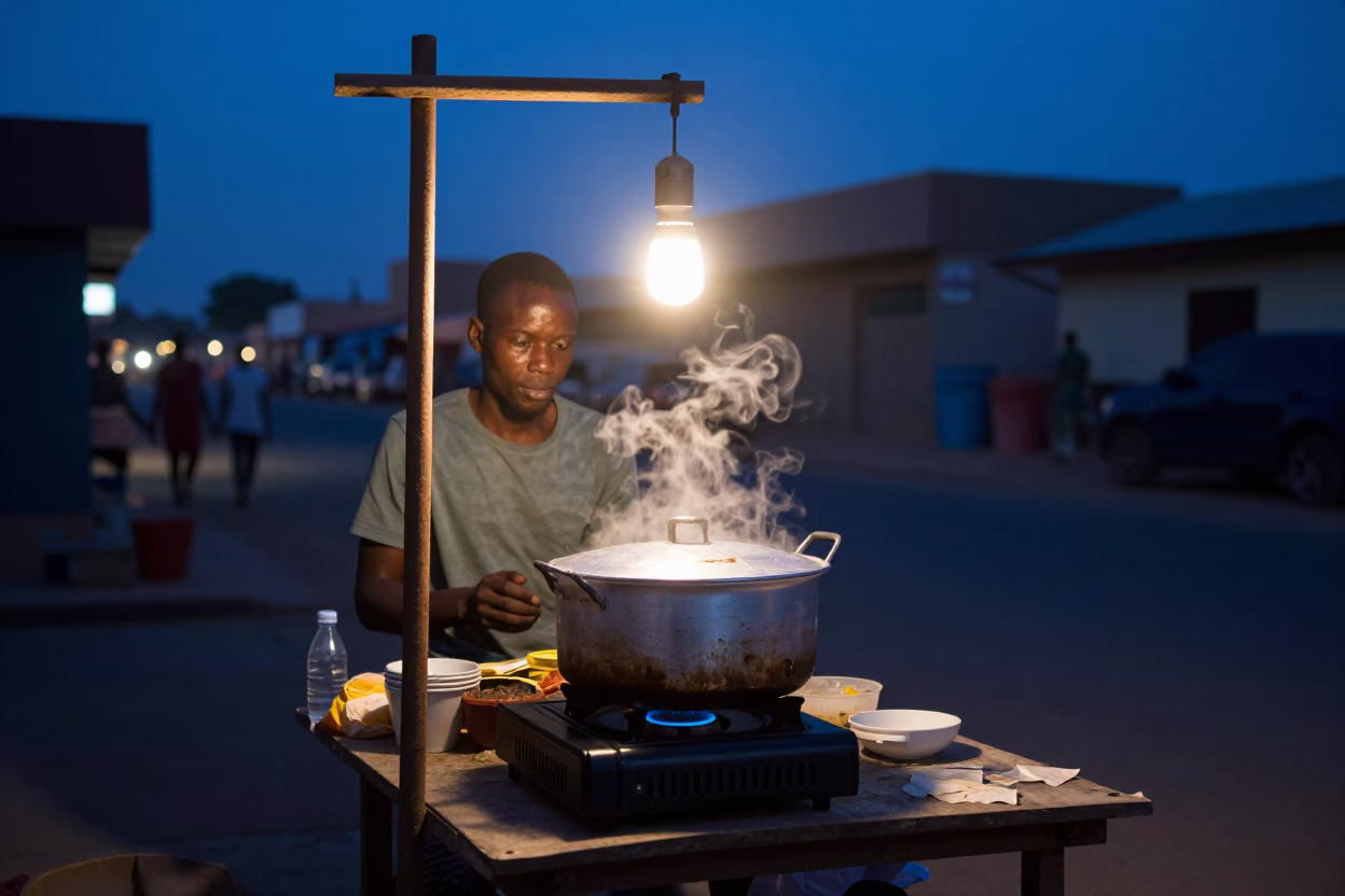 Dakar Senegal indigo twilight street scene with cooking pot and saucepan in in Dakar, Senegal