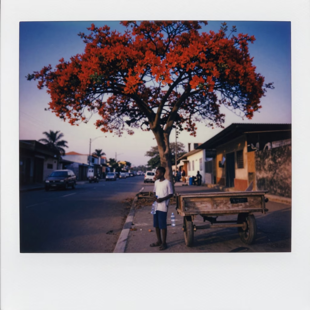 Dakar Senegal indigo twilight street scene with flame tree bloom and local vendors in in Dakar, Senegal