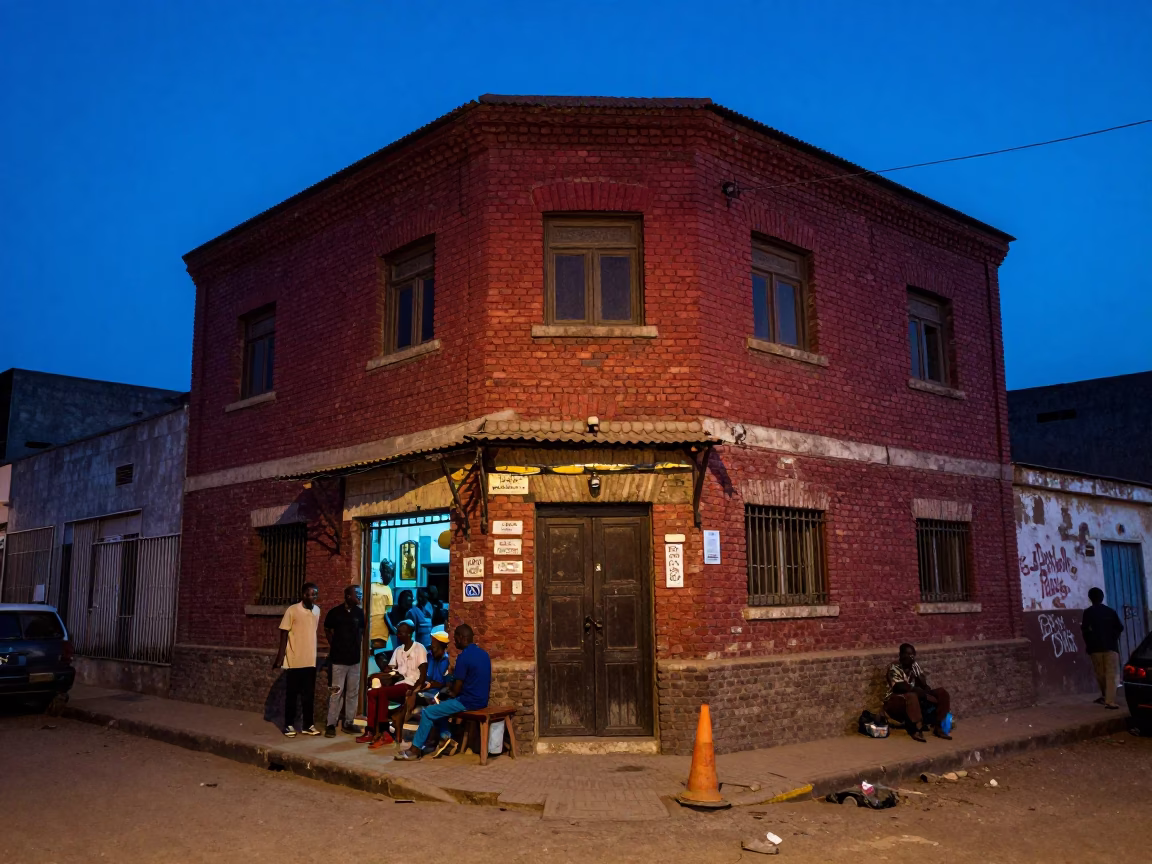 Dakar Senegal Indigo Twilight Street Scene with Iron Deadbolt and Local Commerce in in Dakar, Senegal