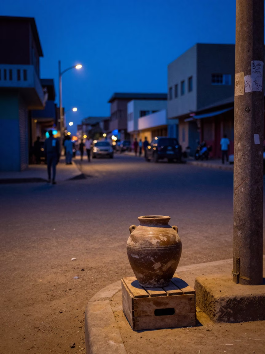 Dakar Senegal indigo twilight street scene with jar and local activity in in Dakar, Senegal