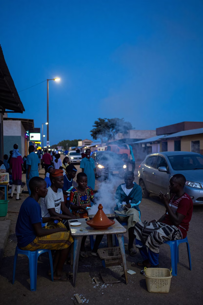 Dakar Senegal Indigo Twilight Street Scene with Lamb Tagine and Local Dining in in Dakar, Senegal