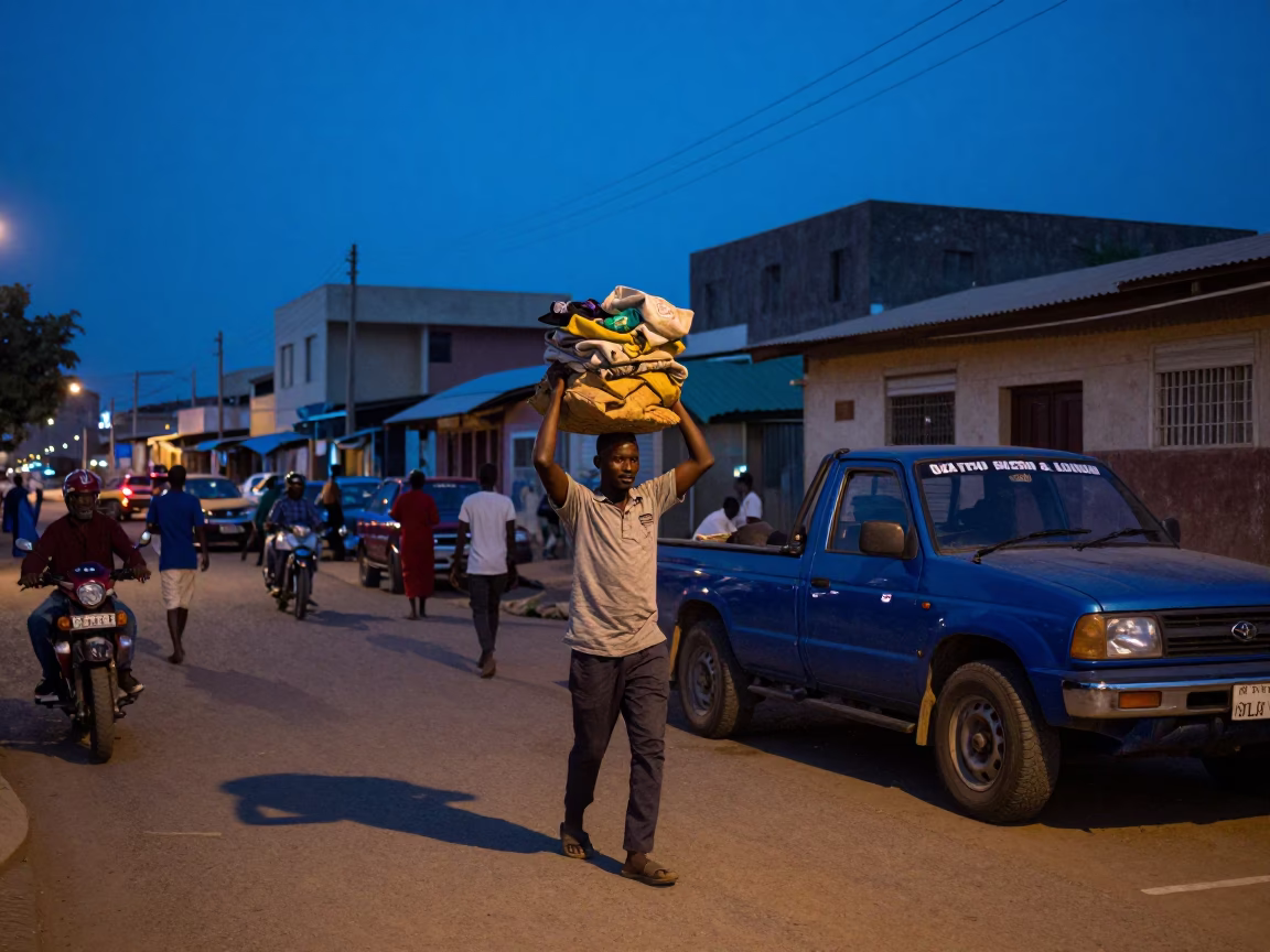 Dakar Senegal indigo twilight street scene with market porter carrying head baskets in in Dakar, Senegal