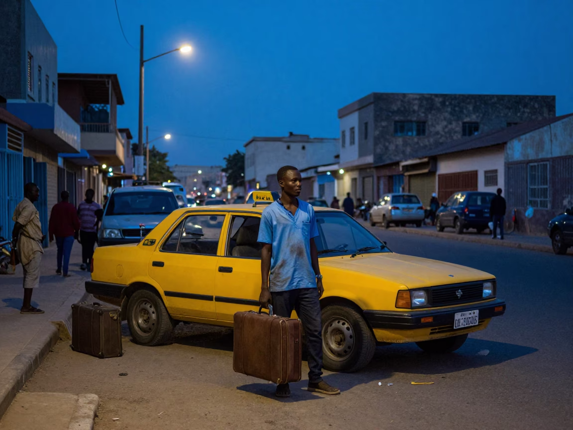 Dakar Senegal indigo twilight street scene with suitcases and local commerce in in Dakar, Senegal
