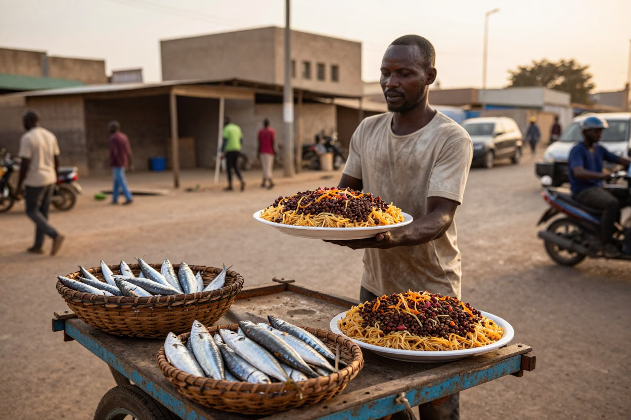 Dakar Senegal Late Afternoon Street Scene with Koshari Plate and Sardines in in Dakar, Senegal