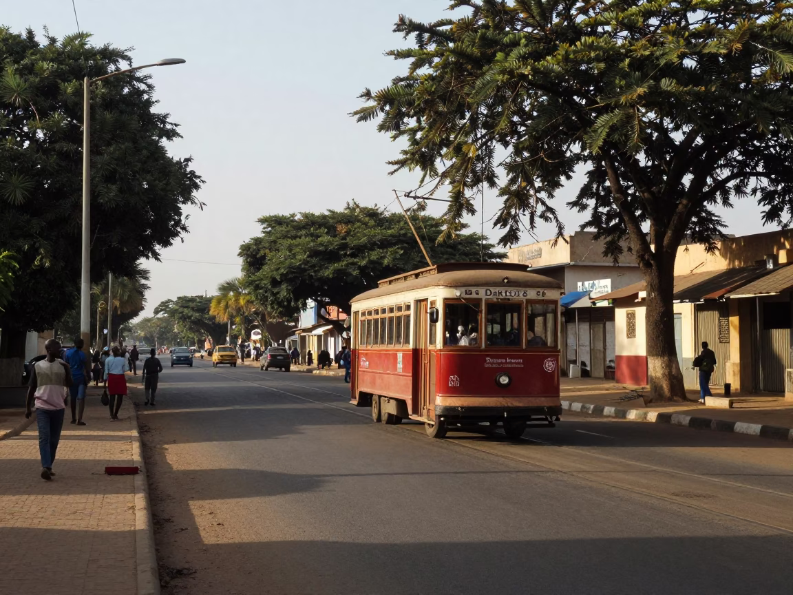 Dakar Senegal Late Afternoon Street Scene with Old Trolley and Tree Shadows in in Dakar, Senegal