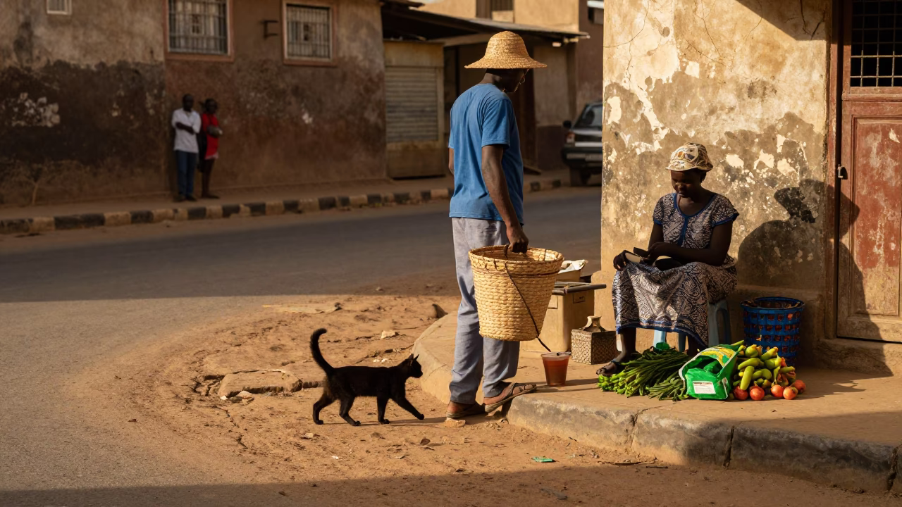 Dakar Senegal Late Afternoon Street Scene with Straw Hat and Cat in in Dakar, Senegal