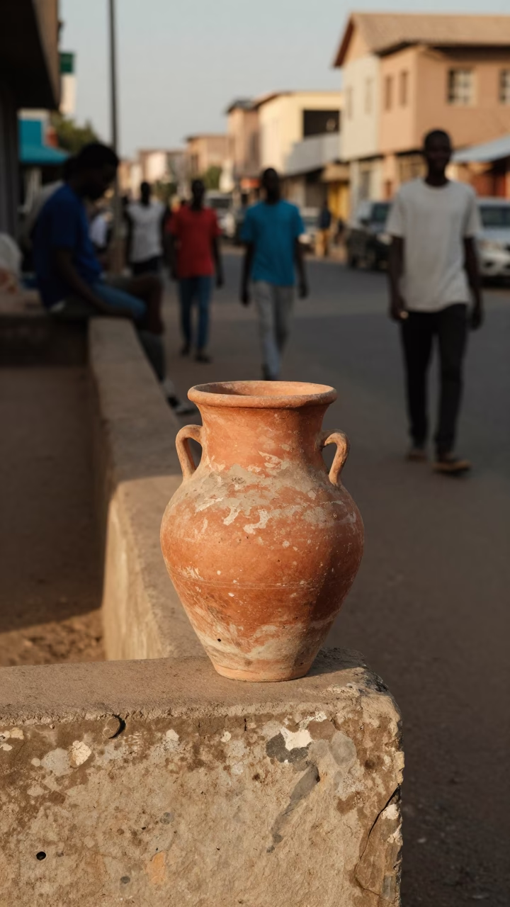 Dakar Senegal Late Afternoon Street Scene with Worn Terracotta Pot and Local Market Activity in in Dakar, Senegal