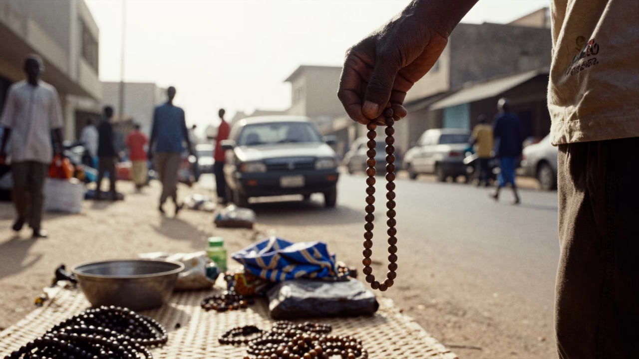 Dakar Senegal late morning street scene with prayer beads and urban life in in Dakar, Senegal