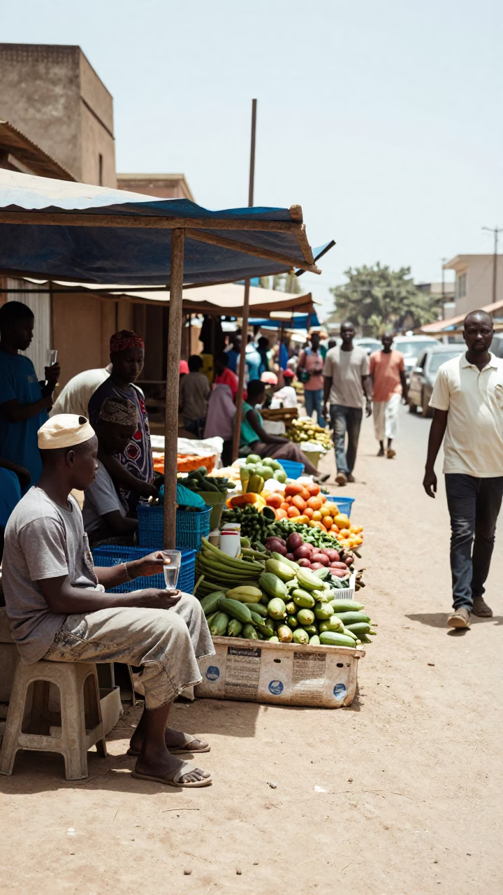 Dakar Senegal Midday Street Scene with Local Vendor and Glass Tumblers in in Dakar, Senegal