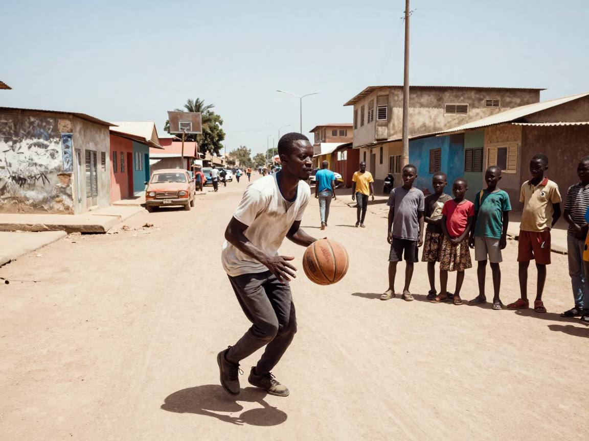 Dakar Senegal Midmorning Street Scene with Leather Basketball and Local Interaction in in Dakar, Senegal
