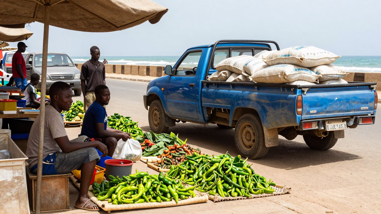 Dakar Senegal midmorning street scene with market produce and coastal infrastructure in in Dakar, Senegal