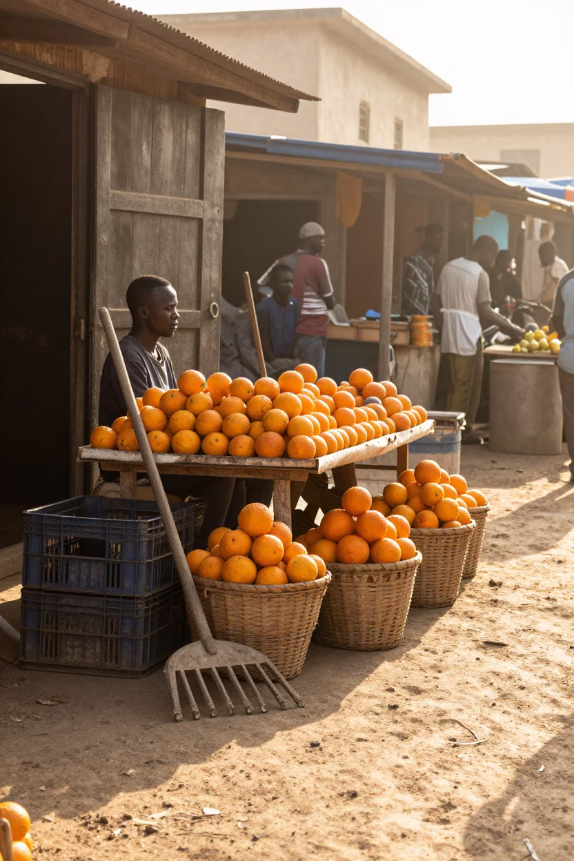 Dakar Senegal Morning Market Scene with Oranges and Wooden Rake at Sunrise in in Dakar, Senegal
