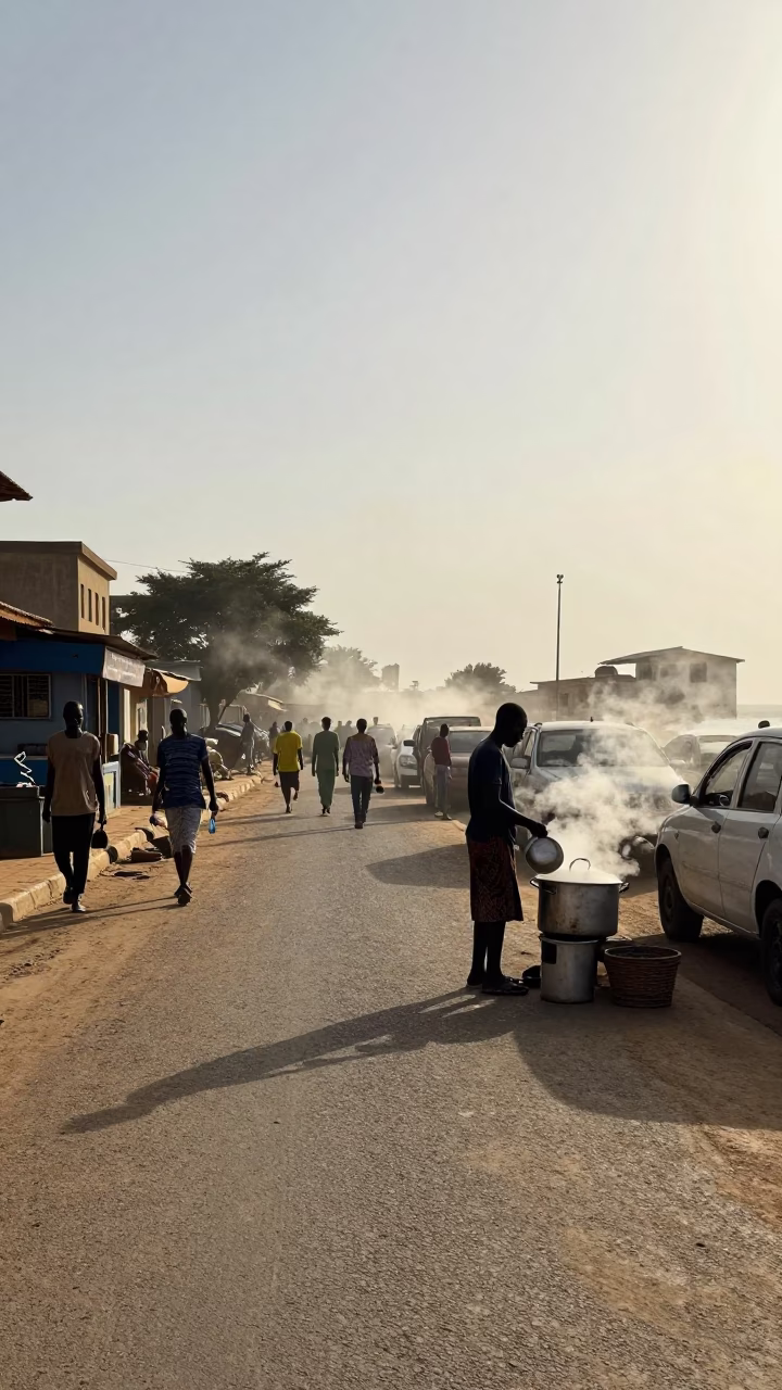 Dakar Senegal Morning Street Scene with Steam Haze and Local Life at First Light in in Dakar, Senegal