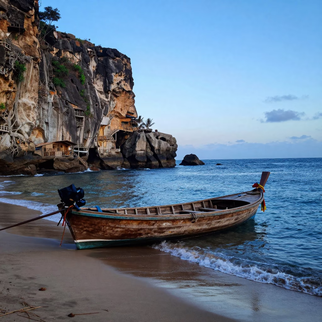 Dakar Senegal Nautical Dawn Longtail Boat Moored Near Limestone Cliff Coastal Life in in Dakar, Senegal
