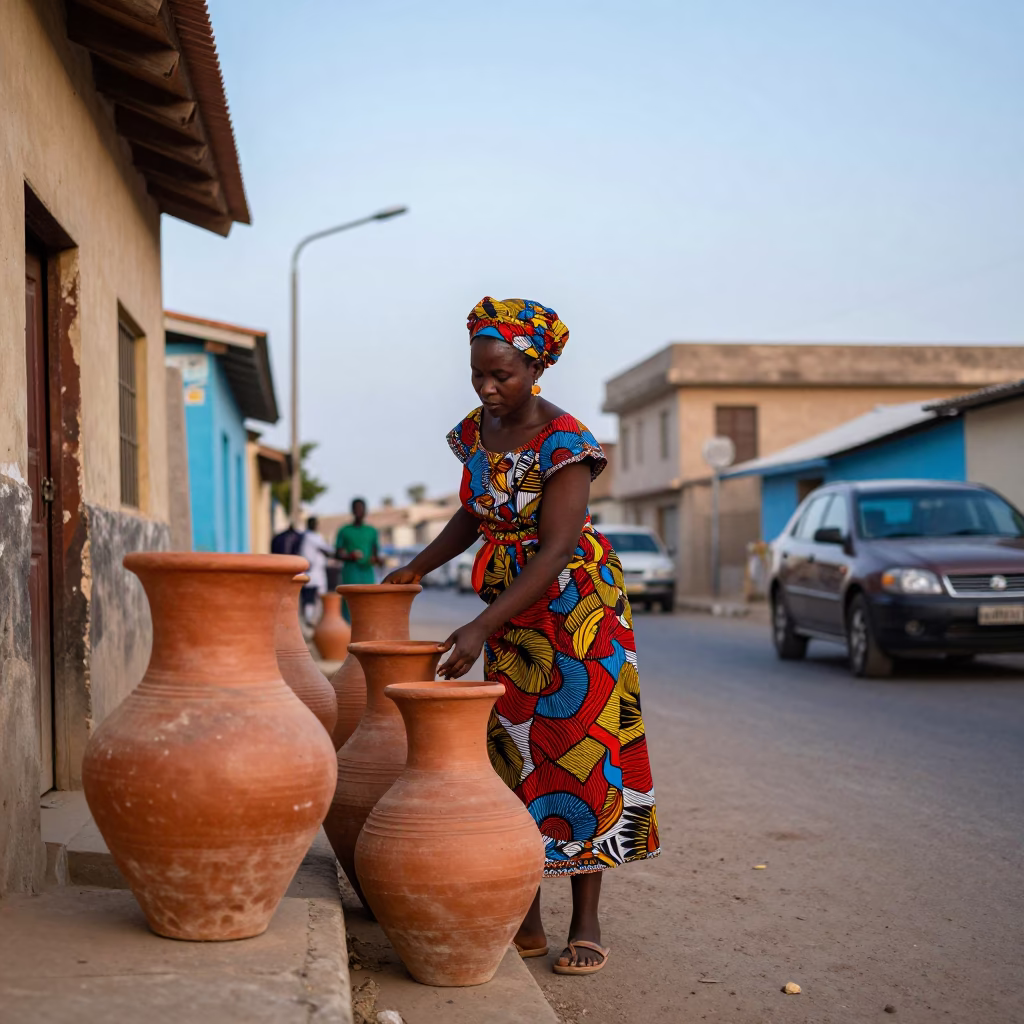 Dakar Senegal Nautical Dawn Street Scene with Clay Pots and Geraniums in in Dakar, Senegal