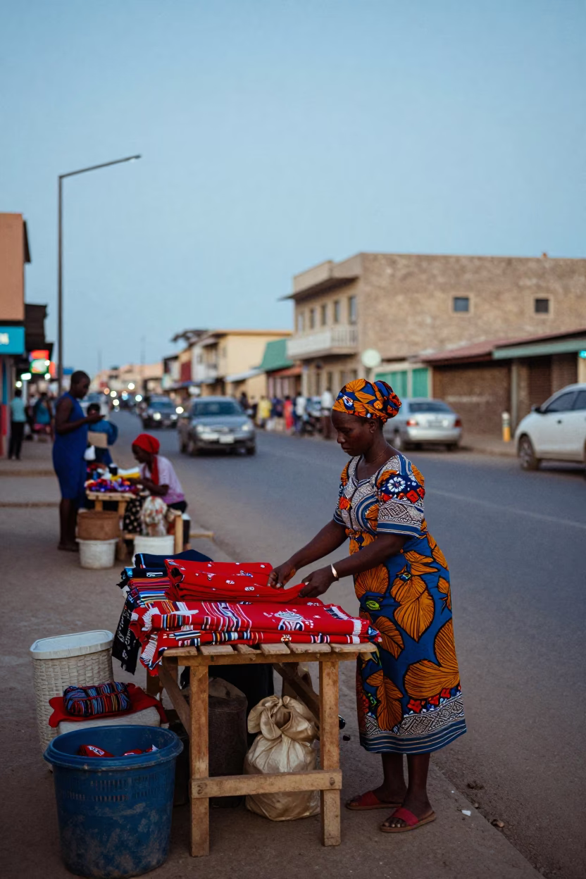 Dakar Senegal Nautical Dawn Street Scene with Local Vendor and Traditional Attire in in Dakar, Senegal