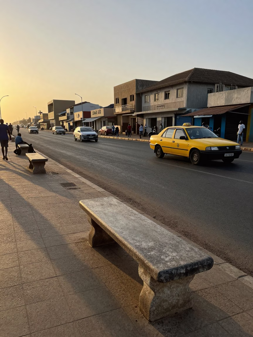 Dakar Senegal Nautical Dawn Street Scene with Stone Bench and Condensation in in Dakar, Senegal
