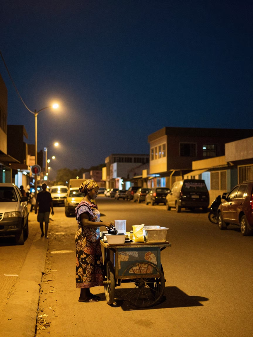 Dakar Senegal Night Street Scene Under Deep Sky with Local Market Activity in in Dakar, Senegal