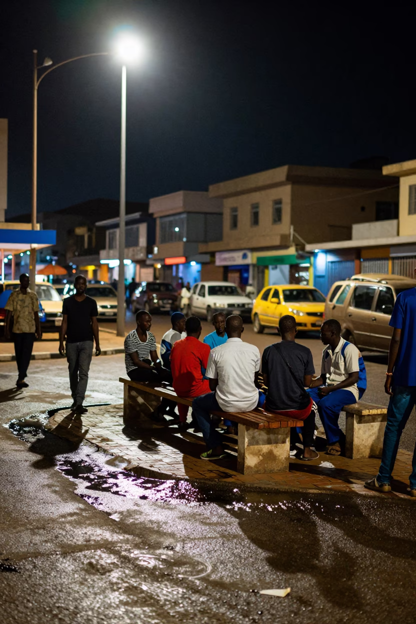 Dakar Senegal Night Street Scene with Fish Scales and Grease Sheen Realistic 1980s Photograph in in Dakar, Senegal