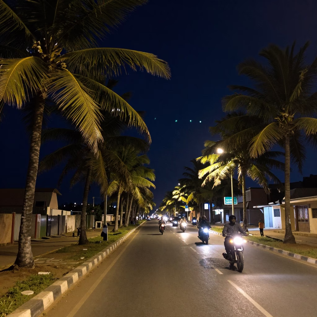 Dakar Senegal Night Street Scene With Palm Trees And Motorcycle Traffic in in Dakar, Senegal