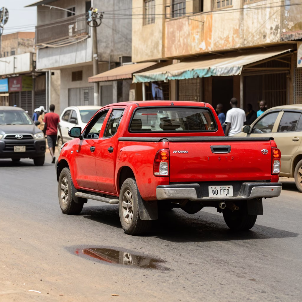 Dakar Senegal Noon Street Scene with Red Toyota Pickup and Local Market Activity in in Dakar, Senegal