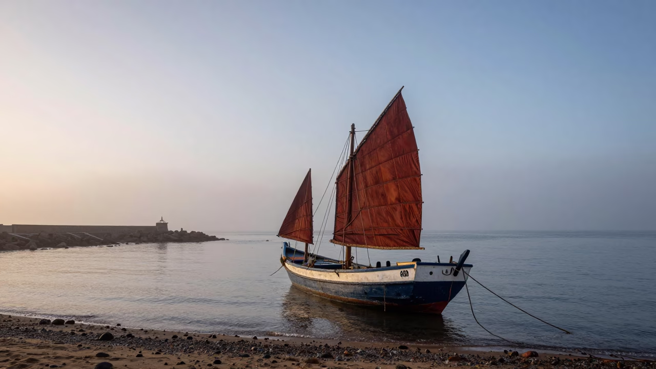 Dakar Senegal Pre-Dawn Coastline Junk Boat Anchored Near Breakwater Sea Fog in in Dakar, Senegal