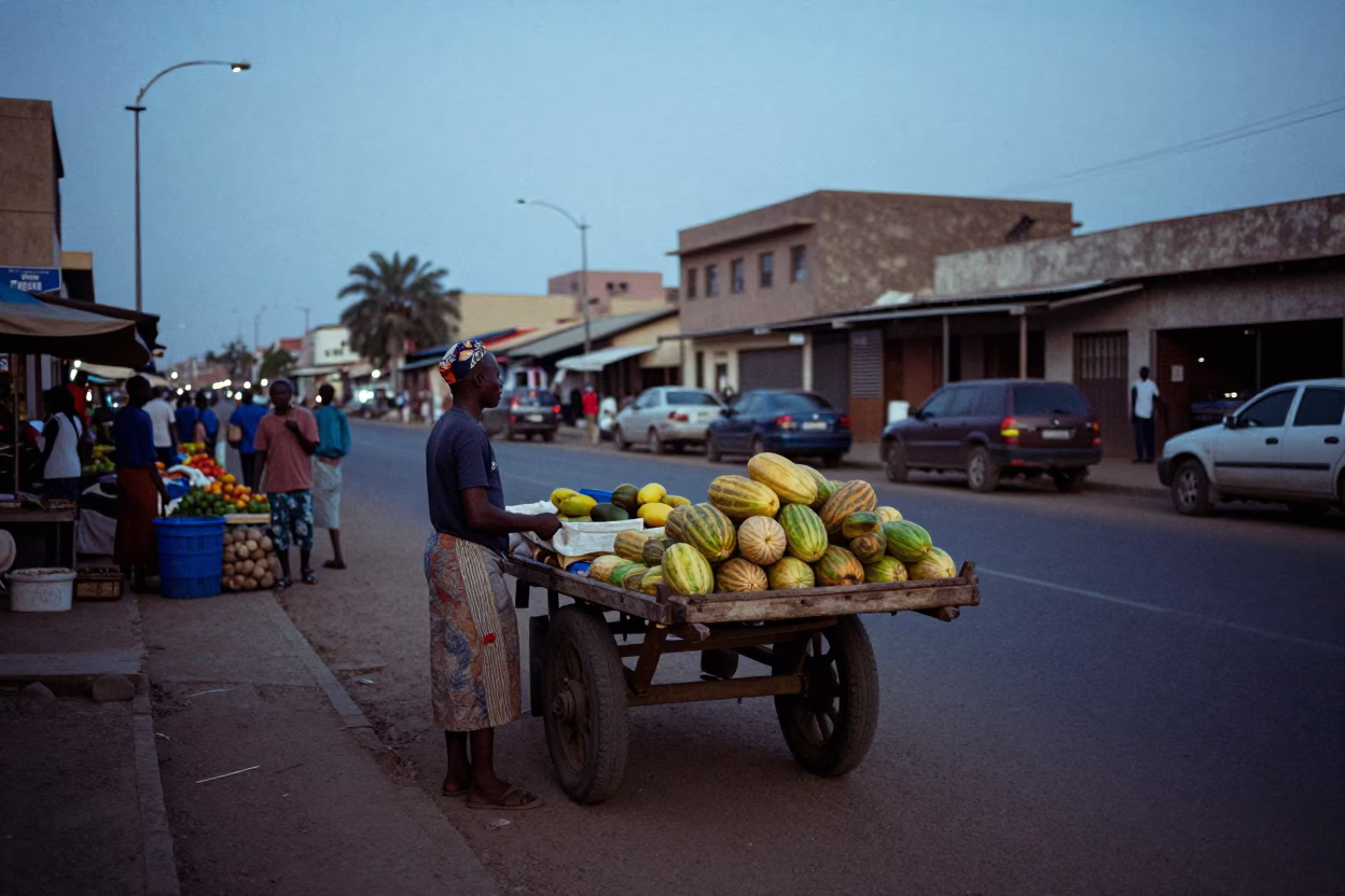 Dakar Senegal Pre-Dawn Market Street Scene with Melons and Stone Architecture in in Dakar, Senegal