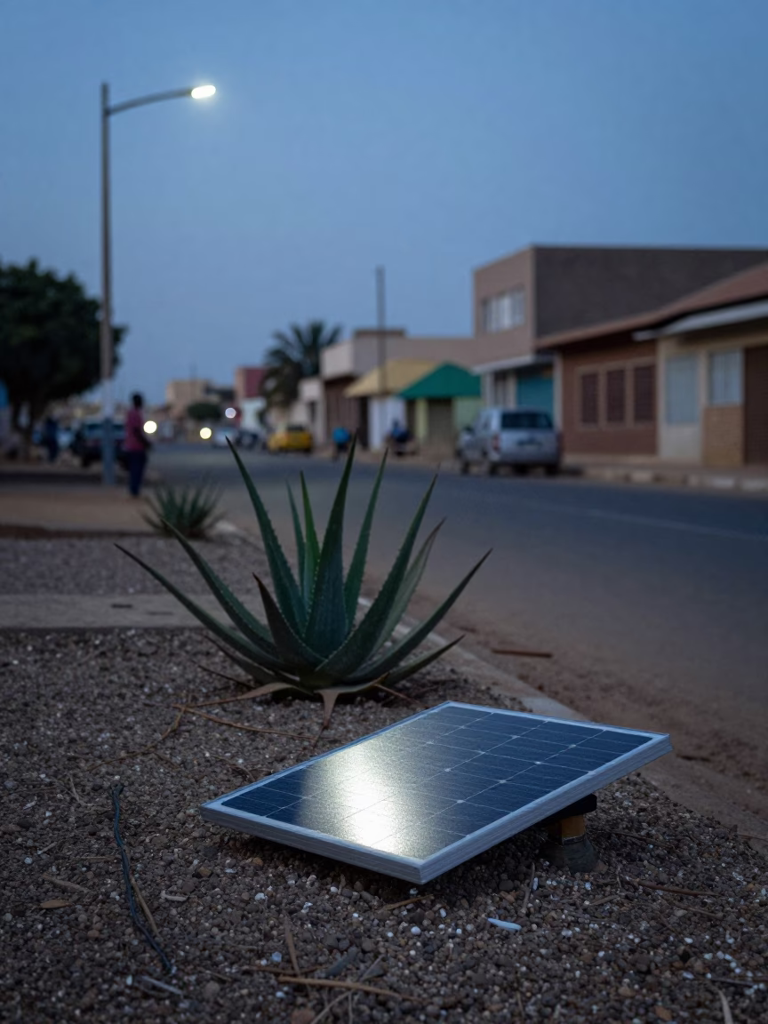 Dakar Senegal Pre-Dawn Street Scene with Aloe Vera and Solar Array in in Dakar, Senegal