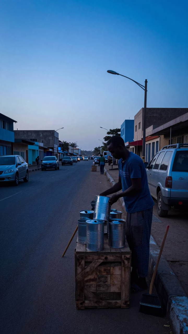 Dakar Senegal Pre-Dawn Street Scene with Canisters and Dust Brush Before Sunrise in in Dakar, Senegal