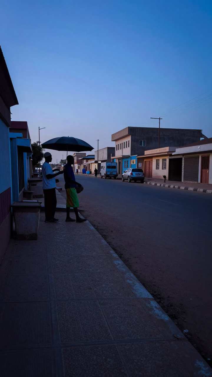 Dakar Senegal pre-dawn street scene with local vendor and brushed steel cart handle in in Dakar, Senegal