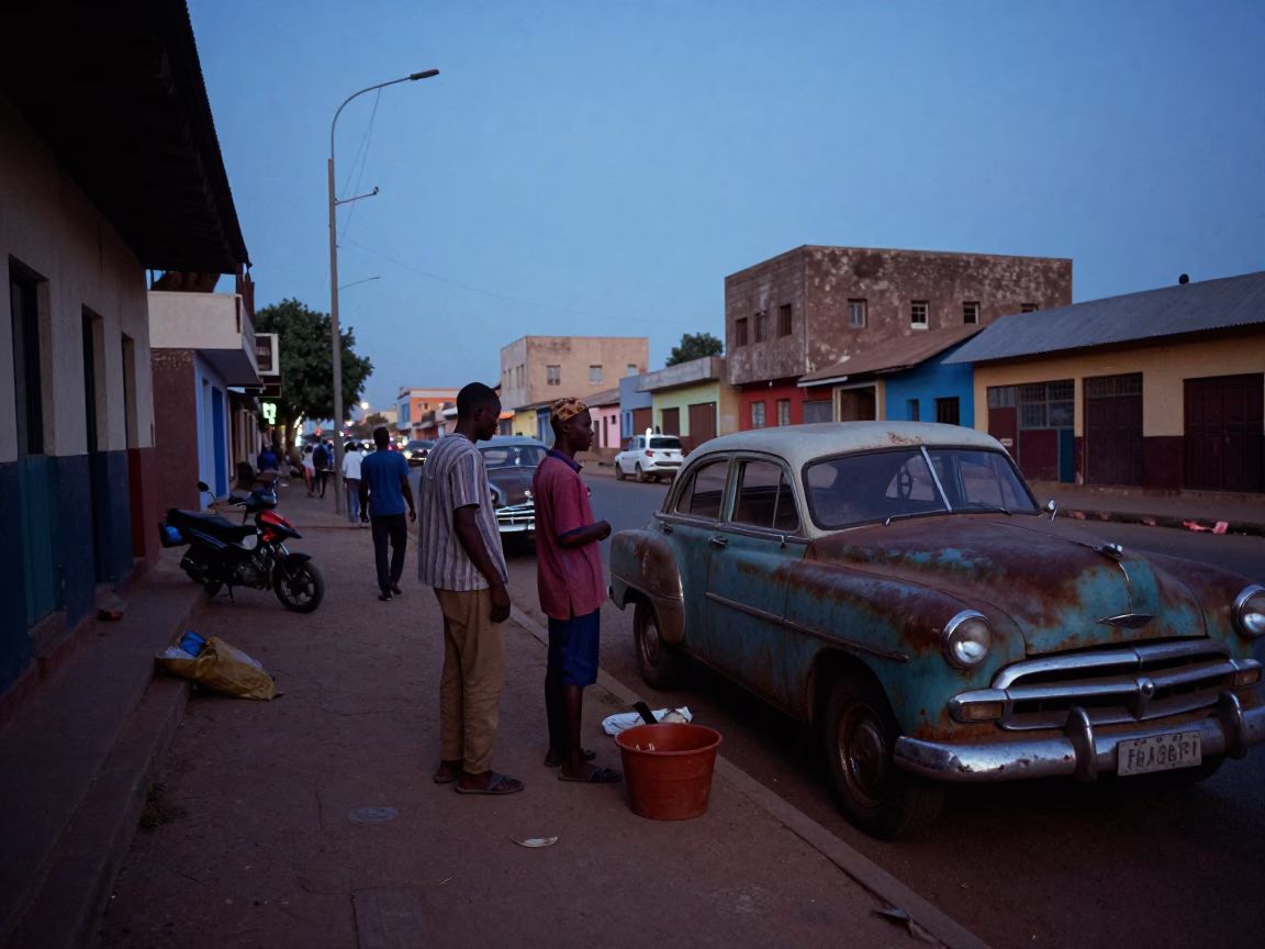 Dakar Senegal Pre-Dawn Street Scene with Local Vendor and Vintage Automobile in in Dakar, Senegal