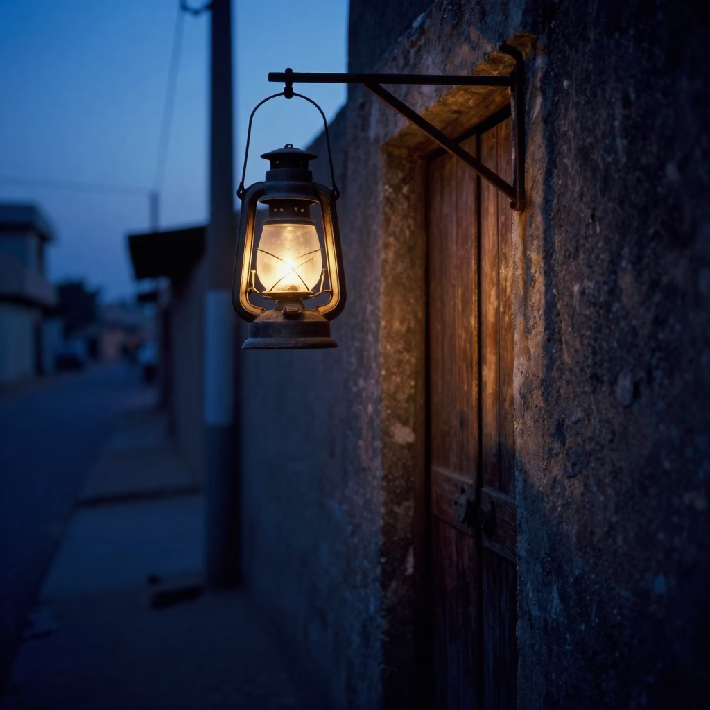 Dakar Senegal pre-dawn street scene with oil lamp and gate handle in in Dakar, Senegal
