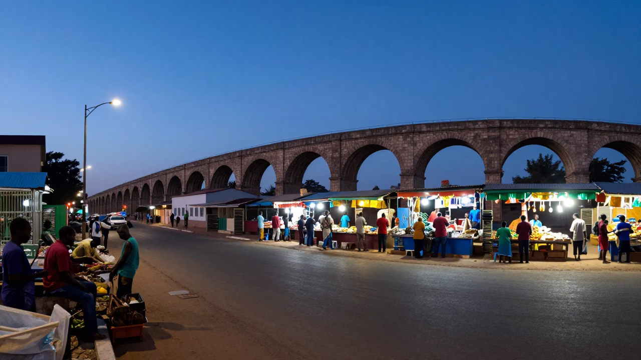 Dakar Senegal pre-dawn street scene with railway viaduct and local market activity in in Dakar, Senegal