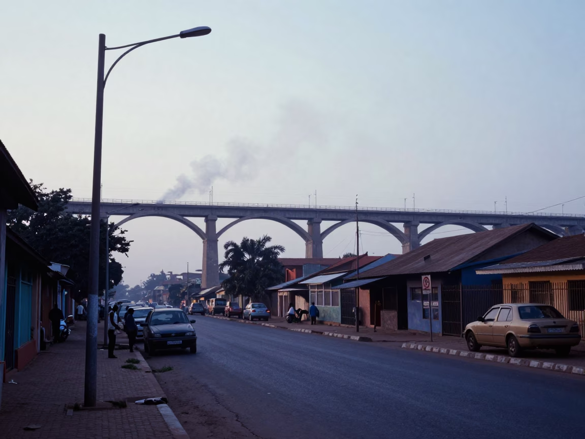 Dakar Senegal Pre-Dawn Street Scene with Railway Viaduct and Steam Train in in Dakar, Senegal