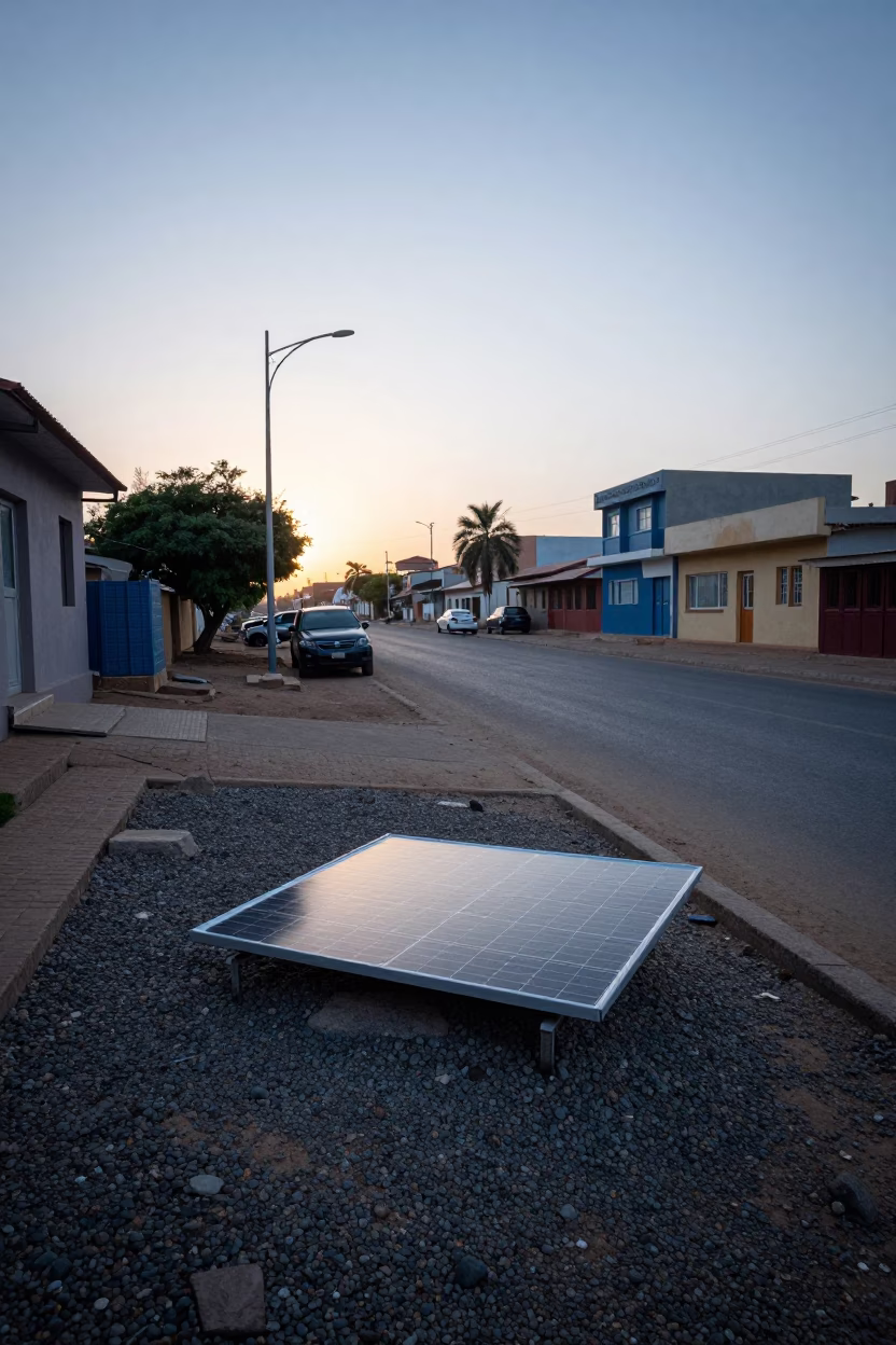 Dakar Senegal Pre-Dawn Street Scene with Solar Array and Local Vendor Cup in in Dakar, Senegal