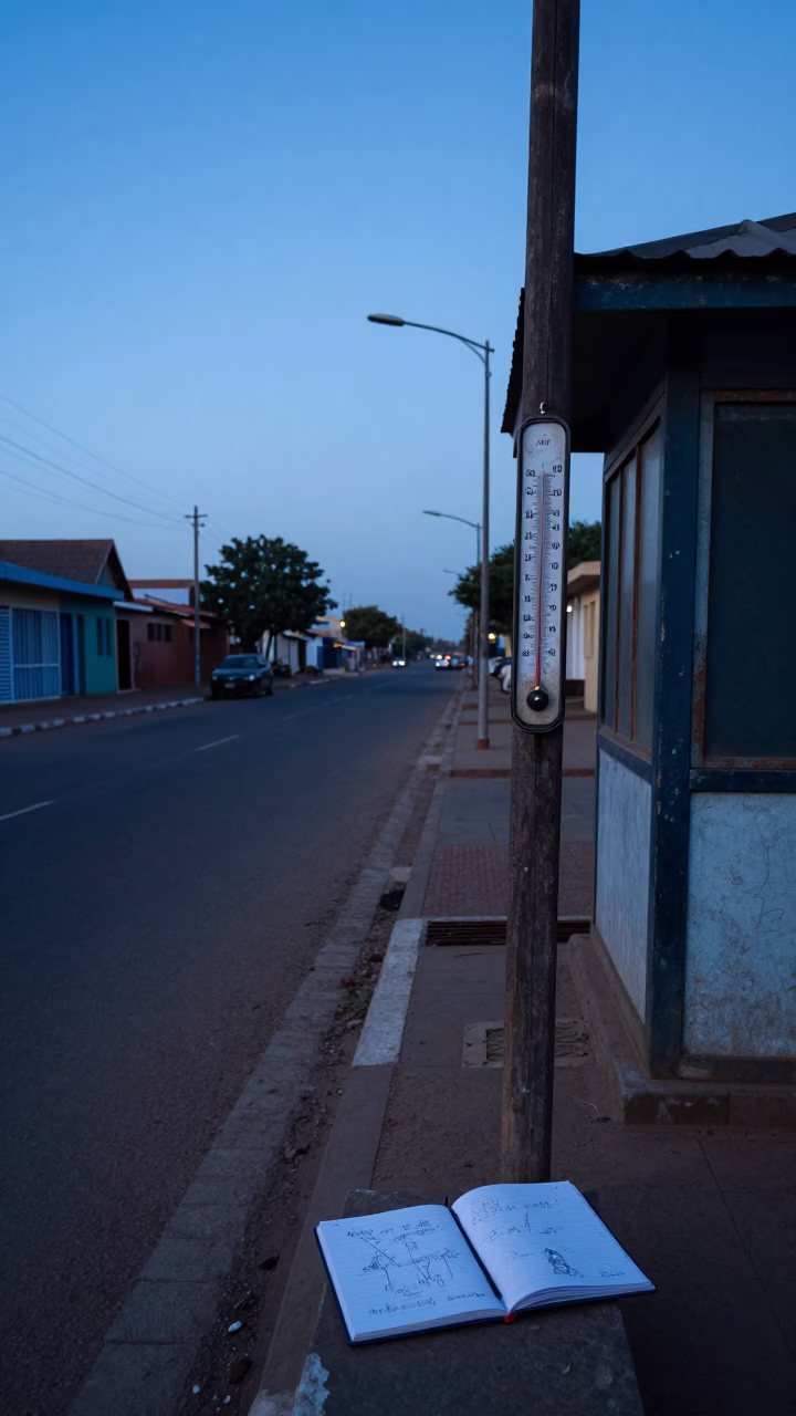 Dakar Senegal pre-dawn street scene with thermometers and sketchbook near market stalls in in Dakar, Senegal