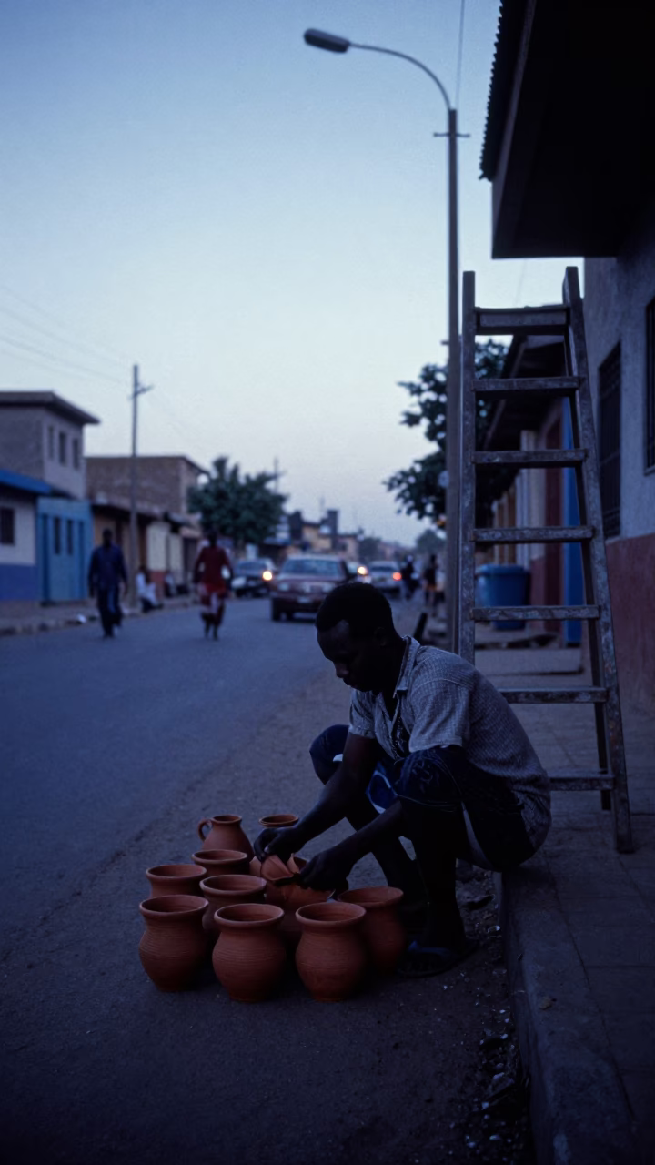 Dakar Senegal Pre-Dawn Street Scene With Vendor And Ladder in in Dakar, Senegal