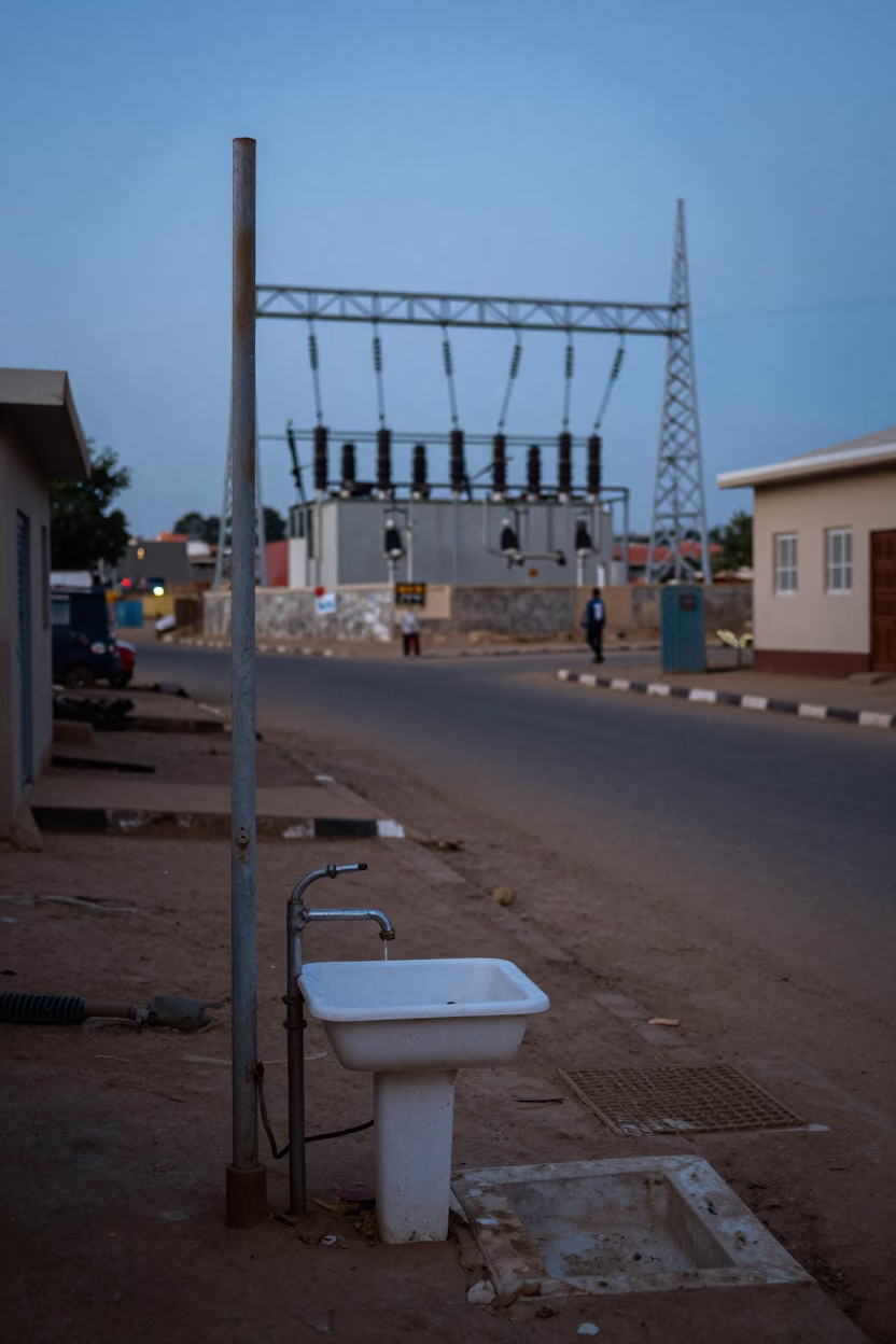 Dakar Senegal pre-dawn street scene with wash basin and power substation in in Dakar, Senegal