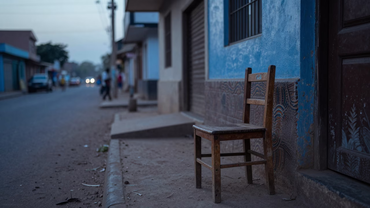 Dakar Senegal Pre-Dawn Street Scene with Wooden Chair and Patterned Rug in in Dakar, Senegal
