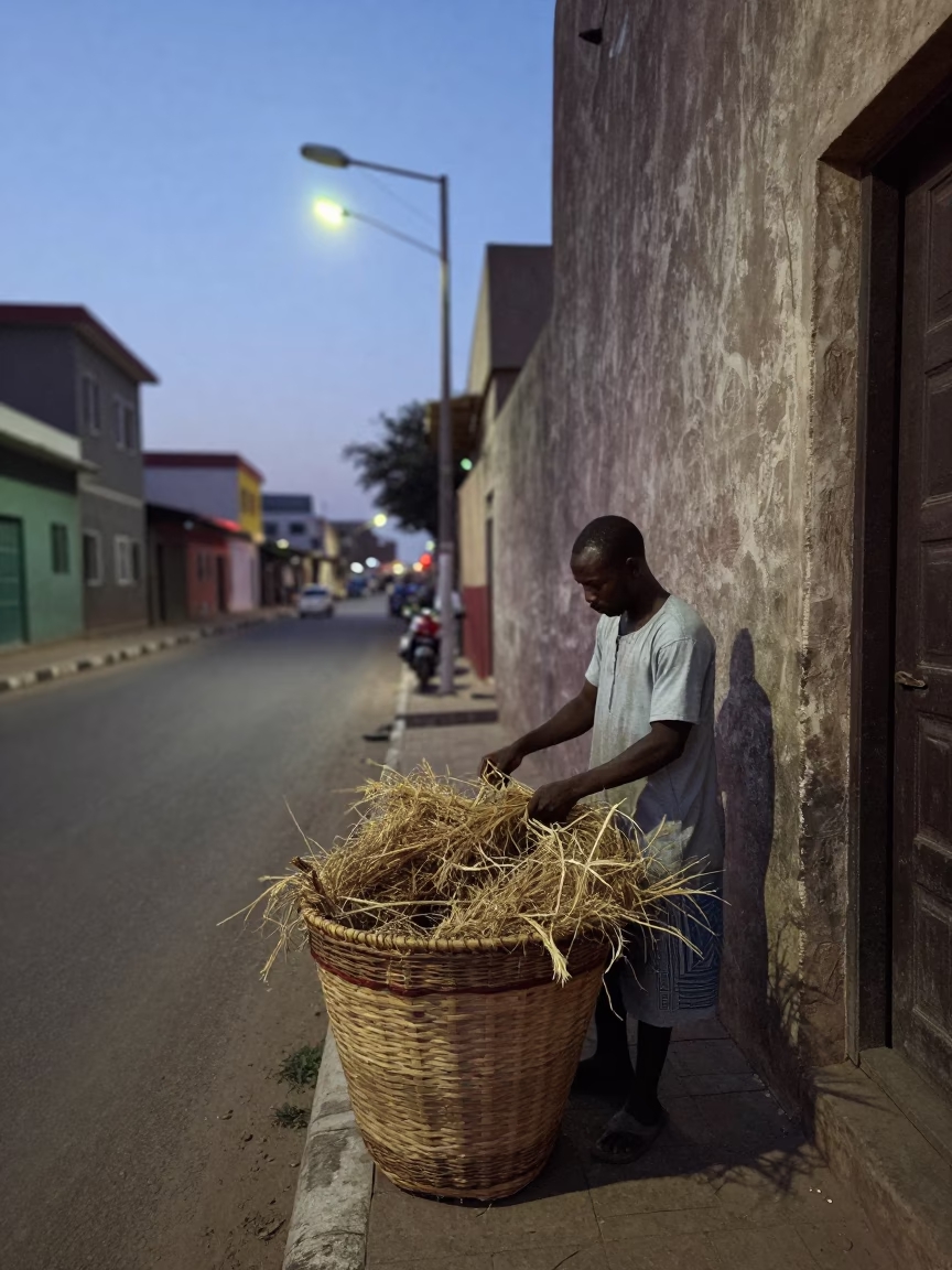 Dakar Senegal Pre-Dawn Street Scene with Woven Basket Fibers and Urban Architecture in in Dakar, Senegal