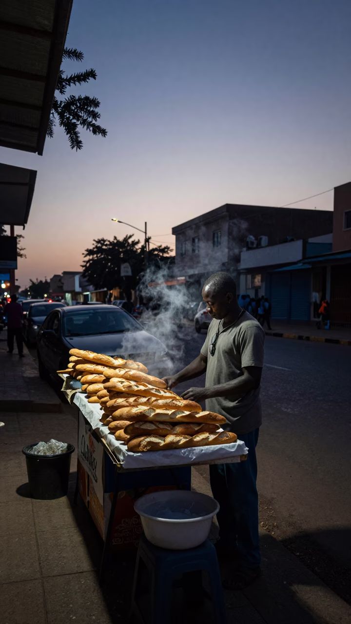 Dakar Senegal Predawn Street Scene with Local Vendor and Early Morning Activity in in Dakar, Senegal