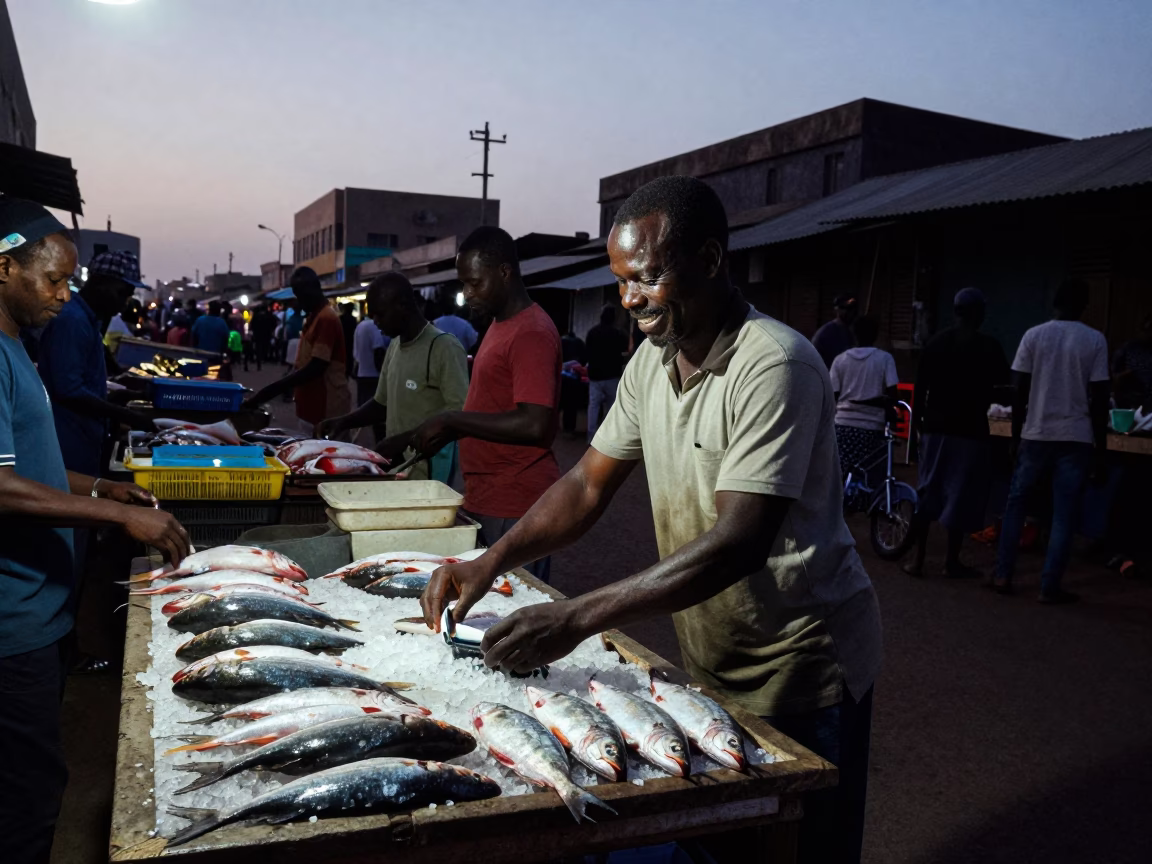 Dakar Senegal Predawn Street Scene with Local Vendor and Early Morning Light in in Dakar, Senegal