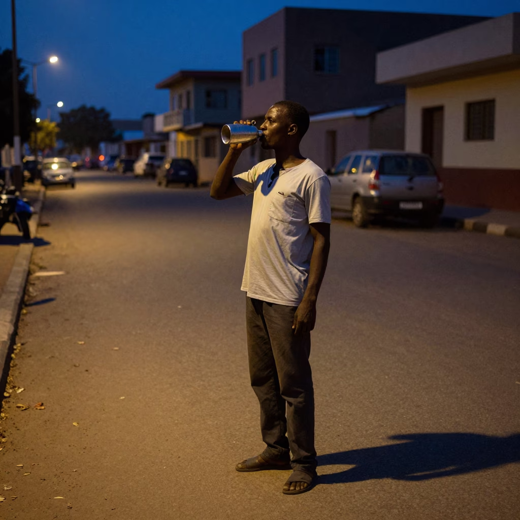 Dakar Senegal predawn street scene with man drinking from metal cup near parked vehicle in in Dakar, Senegal