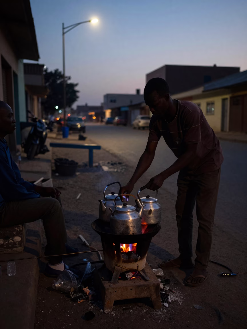 Dakar Senegal Predawn Street Scene with Tea Kettles and Local Market Activity in in Dakar, Senegal