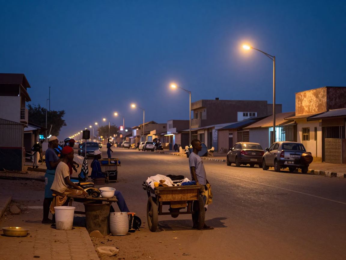 Dakar Senegal Predawn Street Scene with Vendor Stalls and Early Morning Activity in in Dakar, Senegal