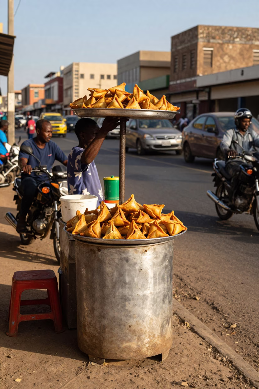 Dakar Senegal street food stall with sambusa and motorcycle traffic in late afternoon light in in Dakar, Senegal