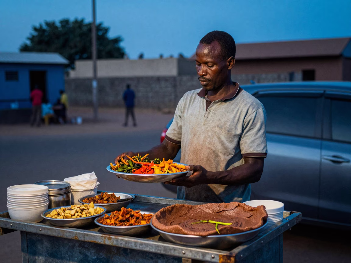 Dakar Senegal street food vendor serving injera and stews at blue hour in in Dakar, Senegal