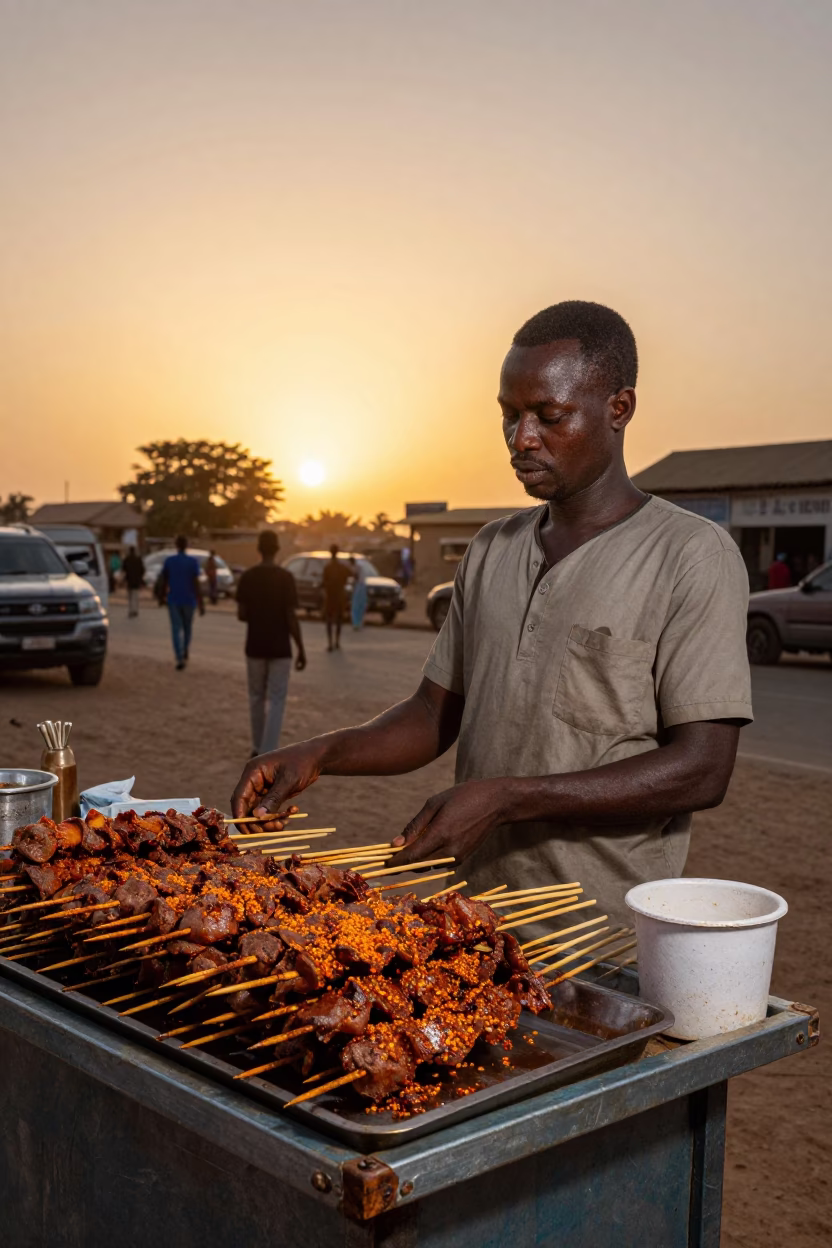 Dakar Senegal street food vendor serving spicy suya skewers at sunset in in Dakar, Senegal